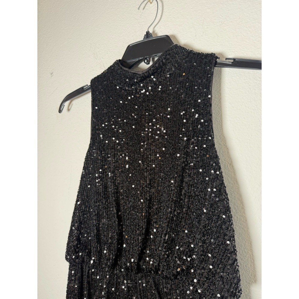 Eliza J Black Sequined Feathered Zippered Sleeveless Halter‎ Dress Size 8 Party - Picture 3 of 9